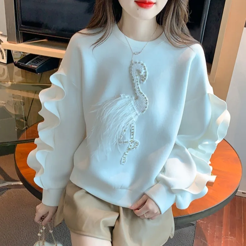 Vintage Chic O-neck Ruffled Beading Sweatshirts Autumn Long Sleeve Loose Tops Women E-Girl Mid-length Sweatshirt Mujer