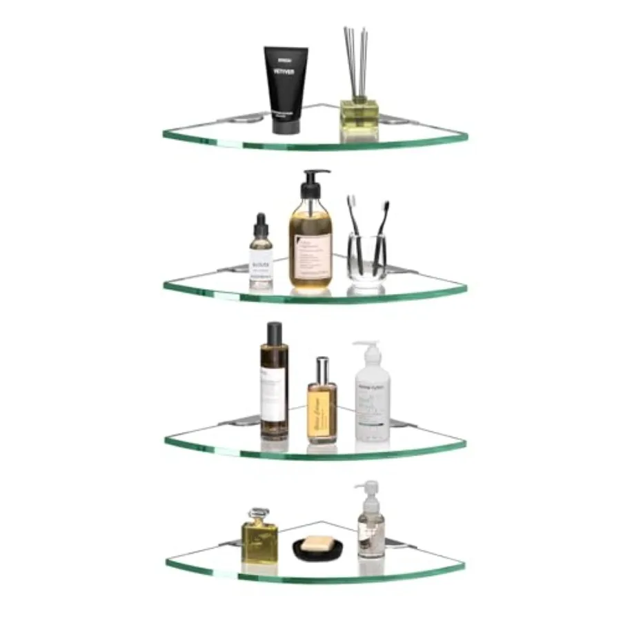 

Corner Glass Shower Caddy 4 Pack 8MM-Thick Tempered Glass Shelf No Drilling Wall Mount Corner Mounted Shelves Space Saver Adhes
