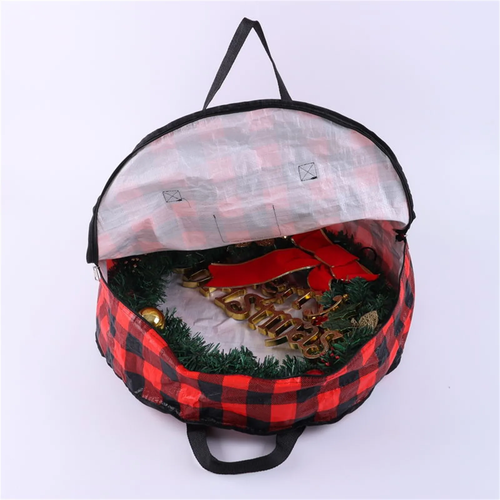 

PP Printing Lattice Round Bag Zippered Christmas Storage Bag Container Wreaths Holder With Handles Holiday Organize Container