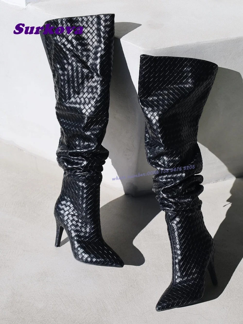 

Weave Pleated Stiletto Heels Long Boots Pointy Toe Thin Side Zipper Over The Knee Boots for Women Winter Black Leather Shoes