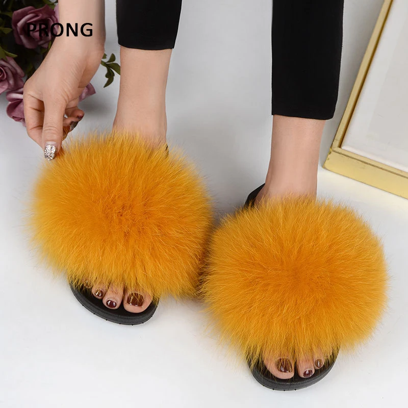 Women Real Fur Slippers Summer Indoor Fox Fur Slides Cute Non-slip Furry Slippers Woman Flat Floor Home Shoes Ladies Flip Flops