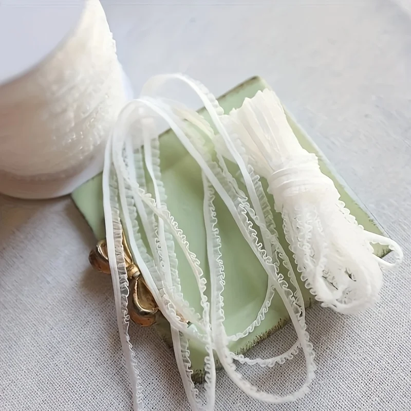 2Yards 6mm Wide Pleated Elastic Sheer Lace Trim Single-Sided Chiffon Ribbon for Sewing Doll Clothes Skirt Hair Accessories