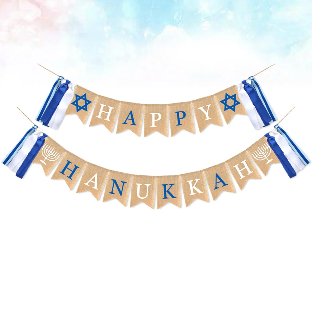 Creative Happy Hanukkah Party Banner Tassel Linen Swallowtail Pull Flag Party Supplies Banner for Party