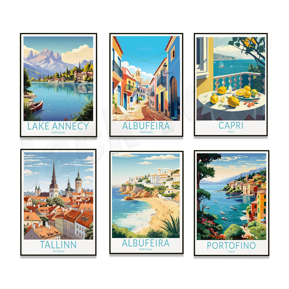 

Stockholm, Capri, Lapland Northern Lights, Portofino, Berlin, Paris, Lake Annecy, Albufeira coast, Tallinn Estonia travel poster