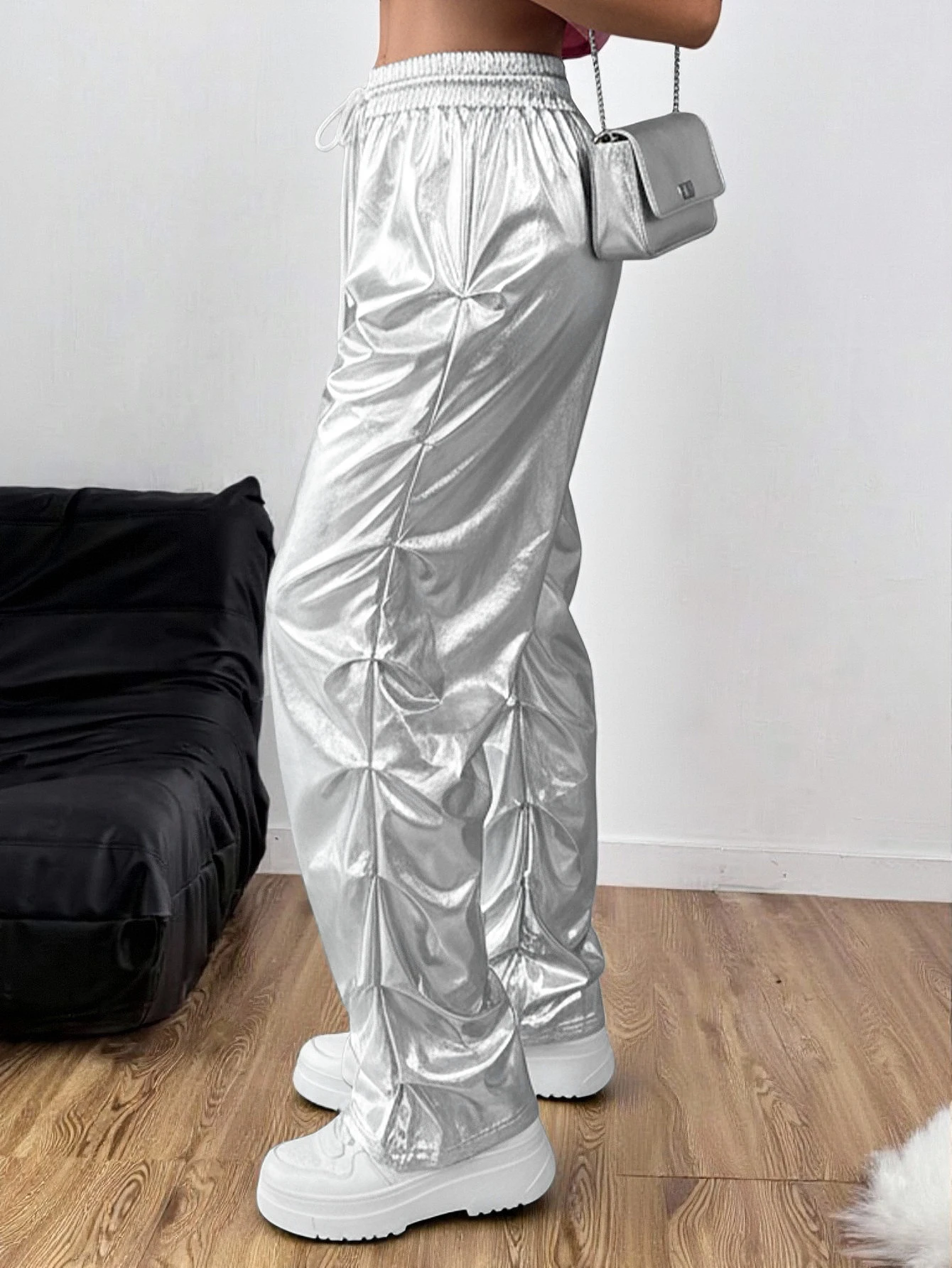 Women's Straight-Leg Pants with Side Pleats, Solid Color, Drawstring, Silver Smooth Fabric