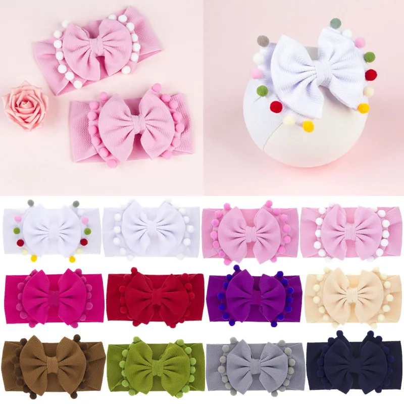 Baby Bow Headband Soft Elastic Colorful Turban Princess Baby Girls Pompom Ball Hairband Double Layer Bowknot Newborn Headwrap