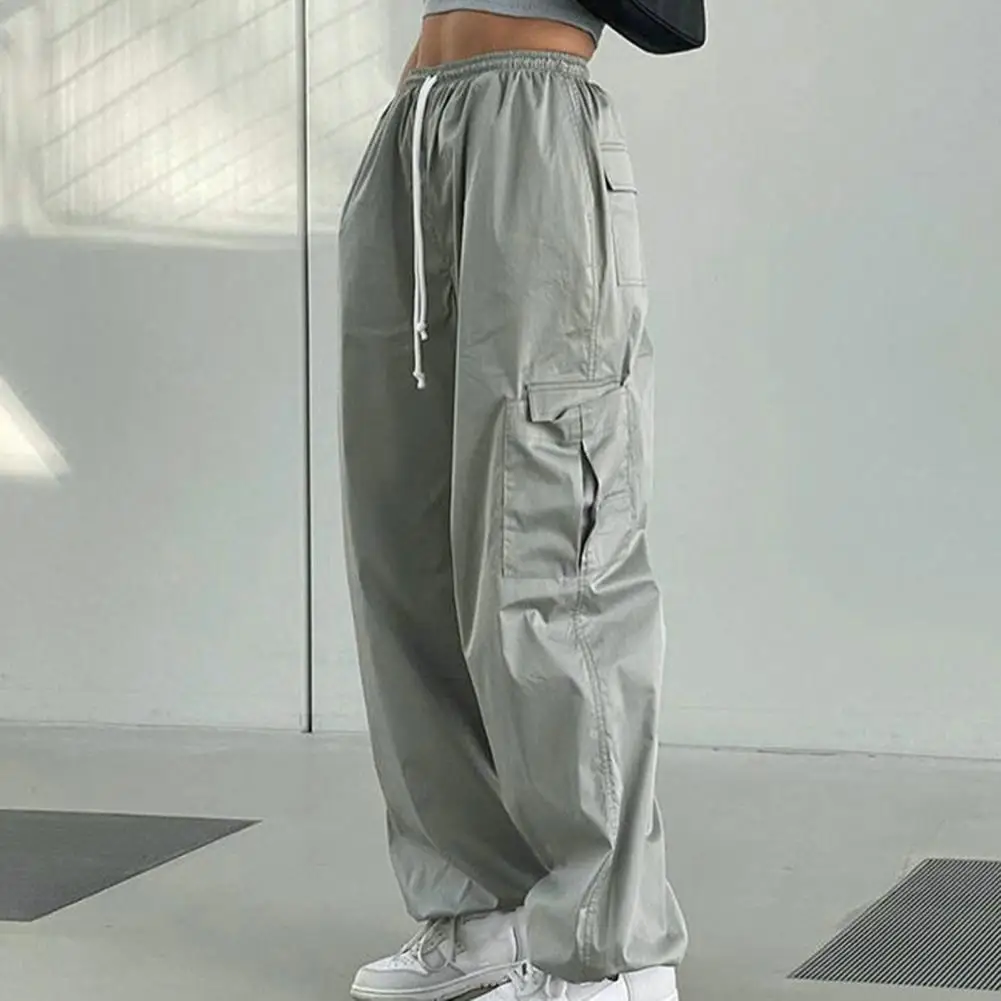 

Elastic Waist Drawstring High-Waist Solid Color Cargo Pants Multi Pockets Wide Leg Ankle Banded Women Baggy Slacks Streetwear