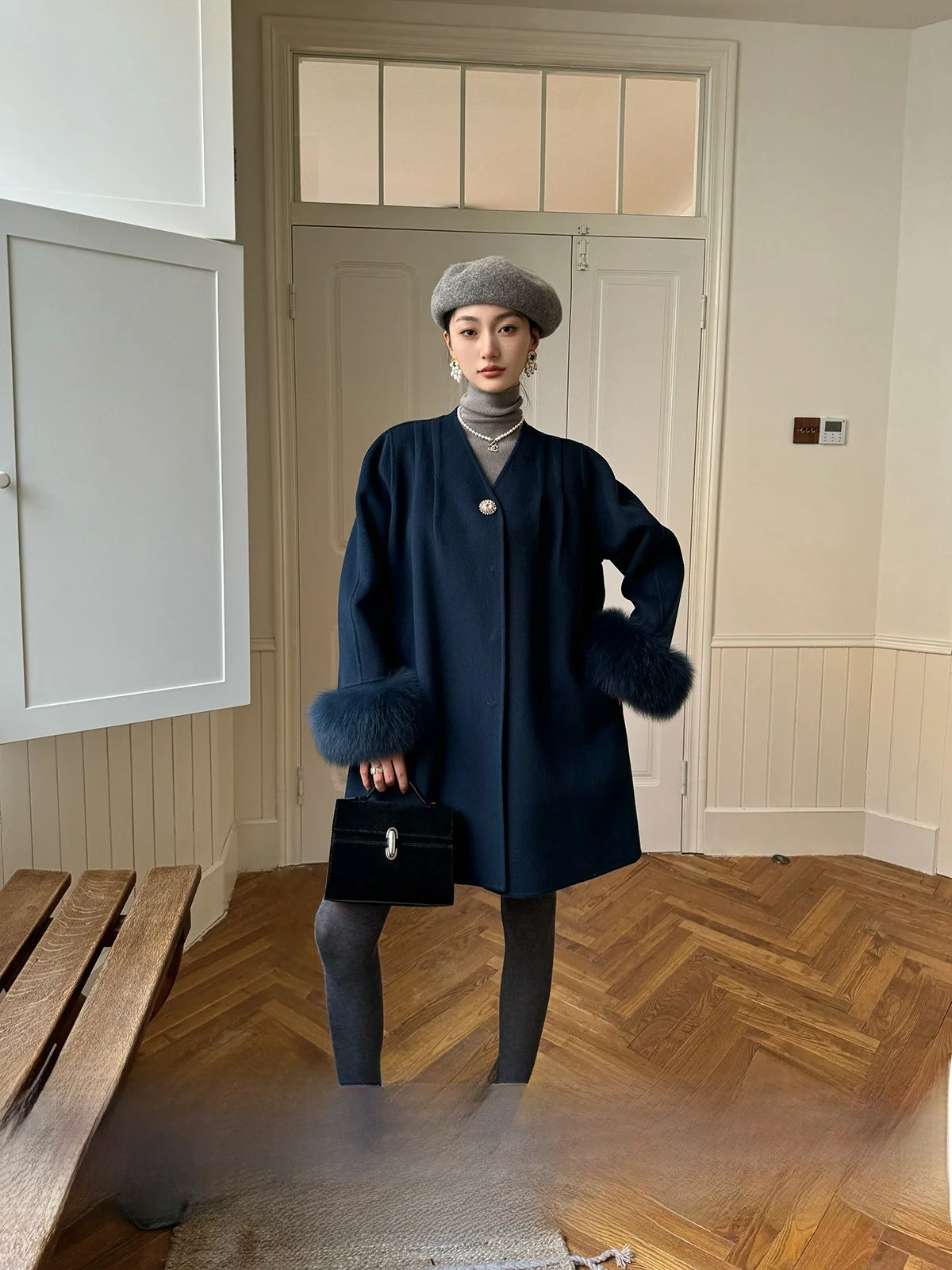 

Original Lu Qing Roujiaqi Double-Faced Wool Fur Design Women's Winter Coat High-eld Woolen Outerwear Vintage Sle