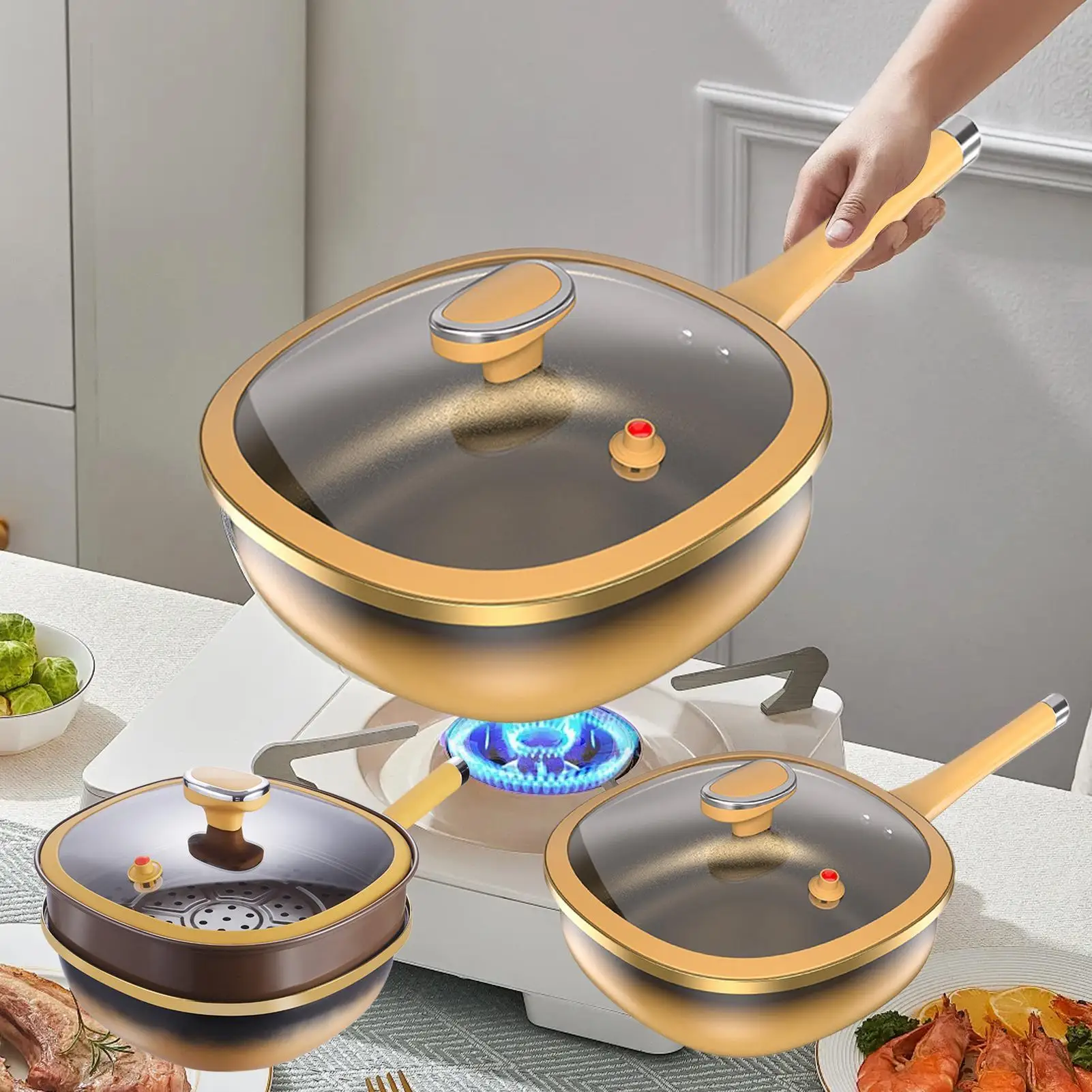 12in Titanium Alloy Non-stick Pot With Lid Uncoated Pot Egg Steak Frying Pan Deep Skillet Pots Kitchen Cookware Accessories