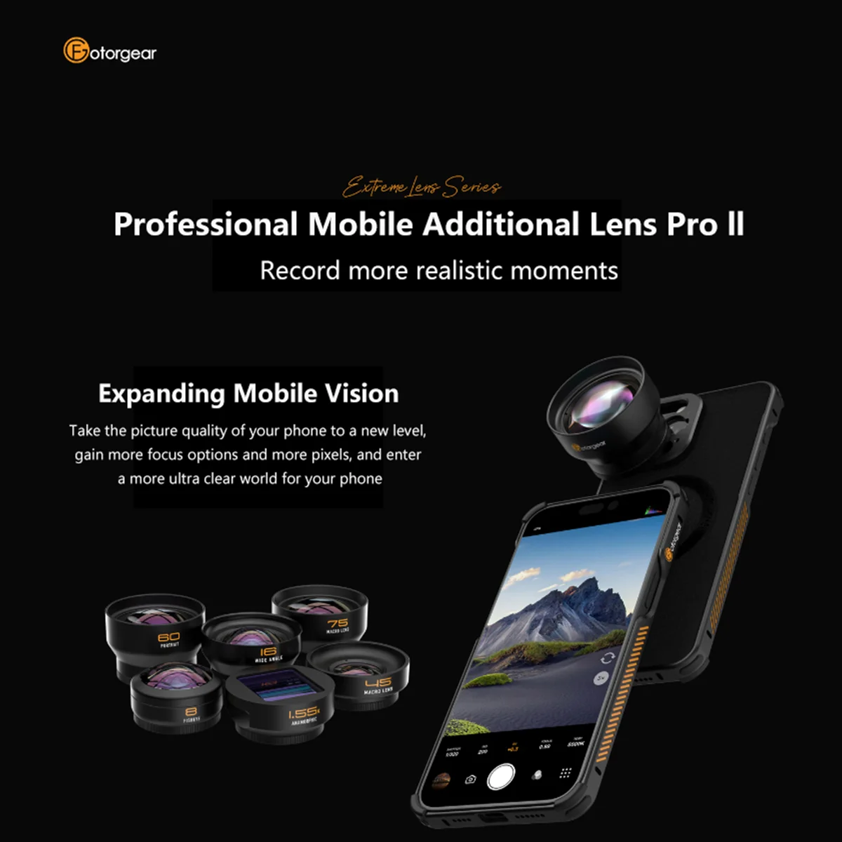 Fotorgear Pro ll T-Mount Fisheye Macro Wide-Angle Portrait 1.55X Anamorphic Mobile Lens For Xiaomi iPhone Huawei Smartphones