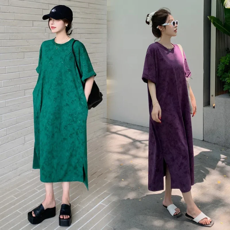 New 2024 Summer Loose Plus Size Women's Dresses Tie Dyeing Casual T-Shirt Dress Lady Vestidos Female Robe O-Neck Clothes KE6425