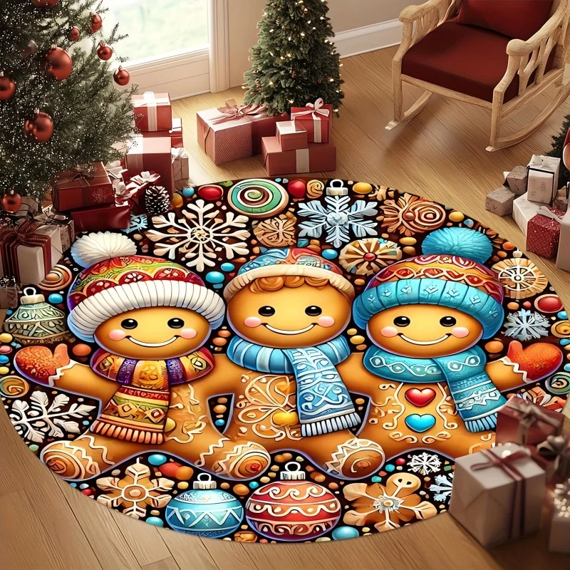 Three Gnomes Merry Christmas Round Area Rug,Candy Cane Gift Pine Branch Printed Circular Floor Holiday Indoor Home Decor