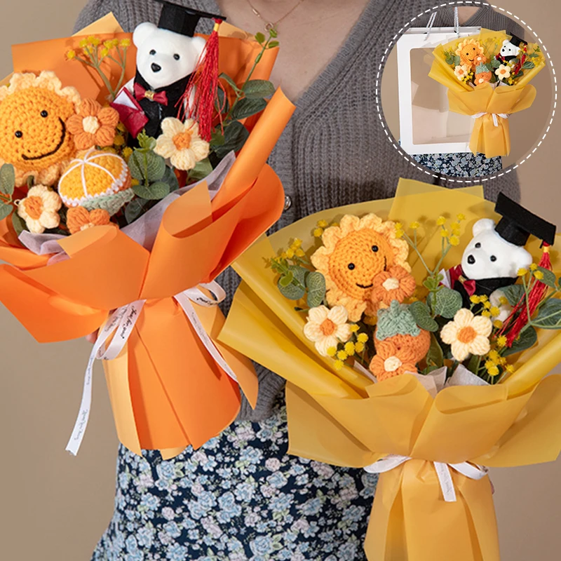 Doctor Bear Crochet Bouquet Hand Knitted Sunflower Creative Hand Knitted Graduation Flower Gift Kawaii Bear Bouquet Kids Gifts