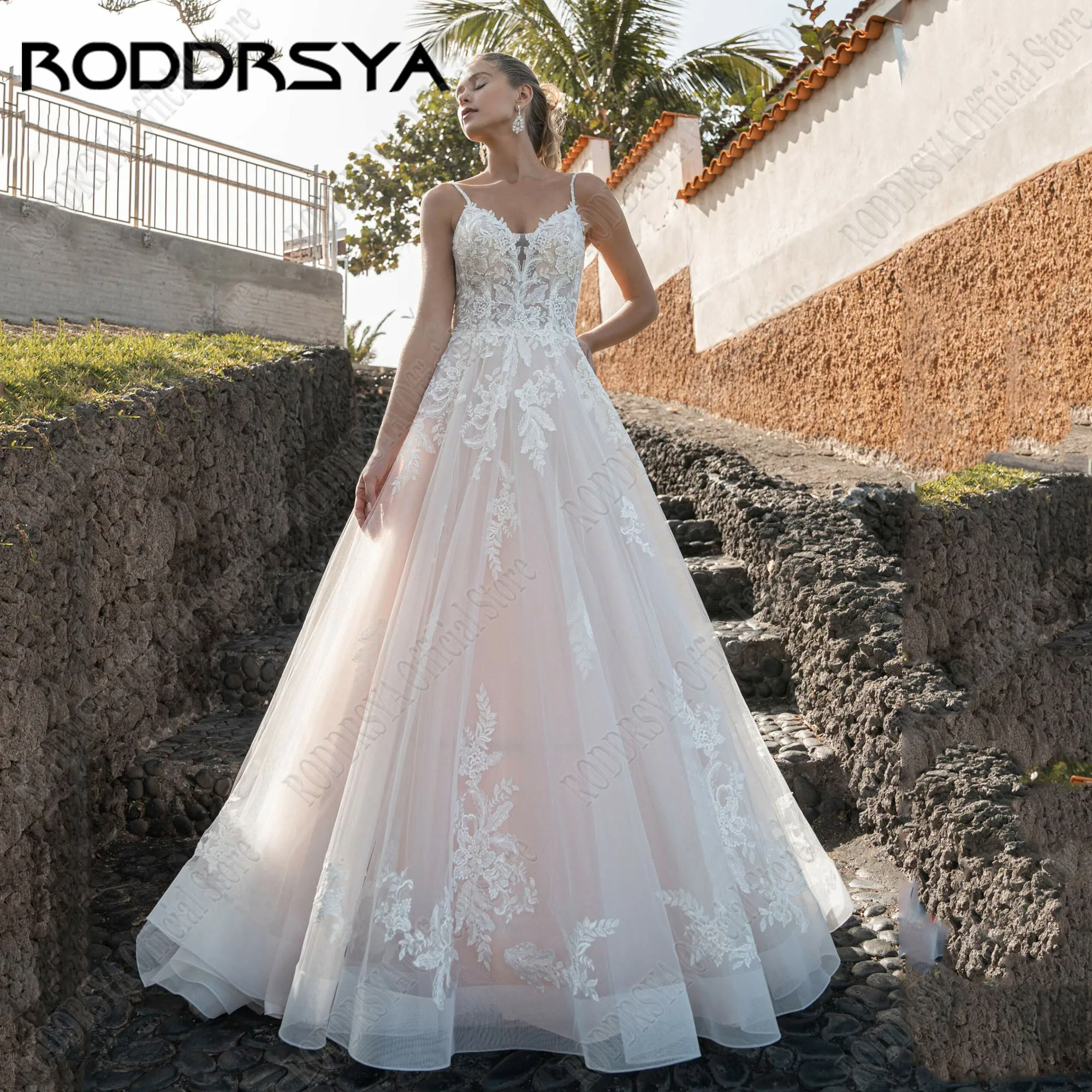 RODDRSYA-vestido De novia sin espalda con purpurina para mujer, con tirantes finos vestido De novia, línea A, cuello en V, Apliques De encaje sin