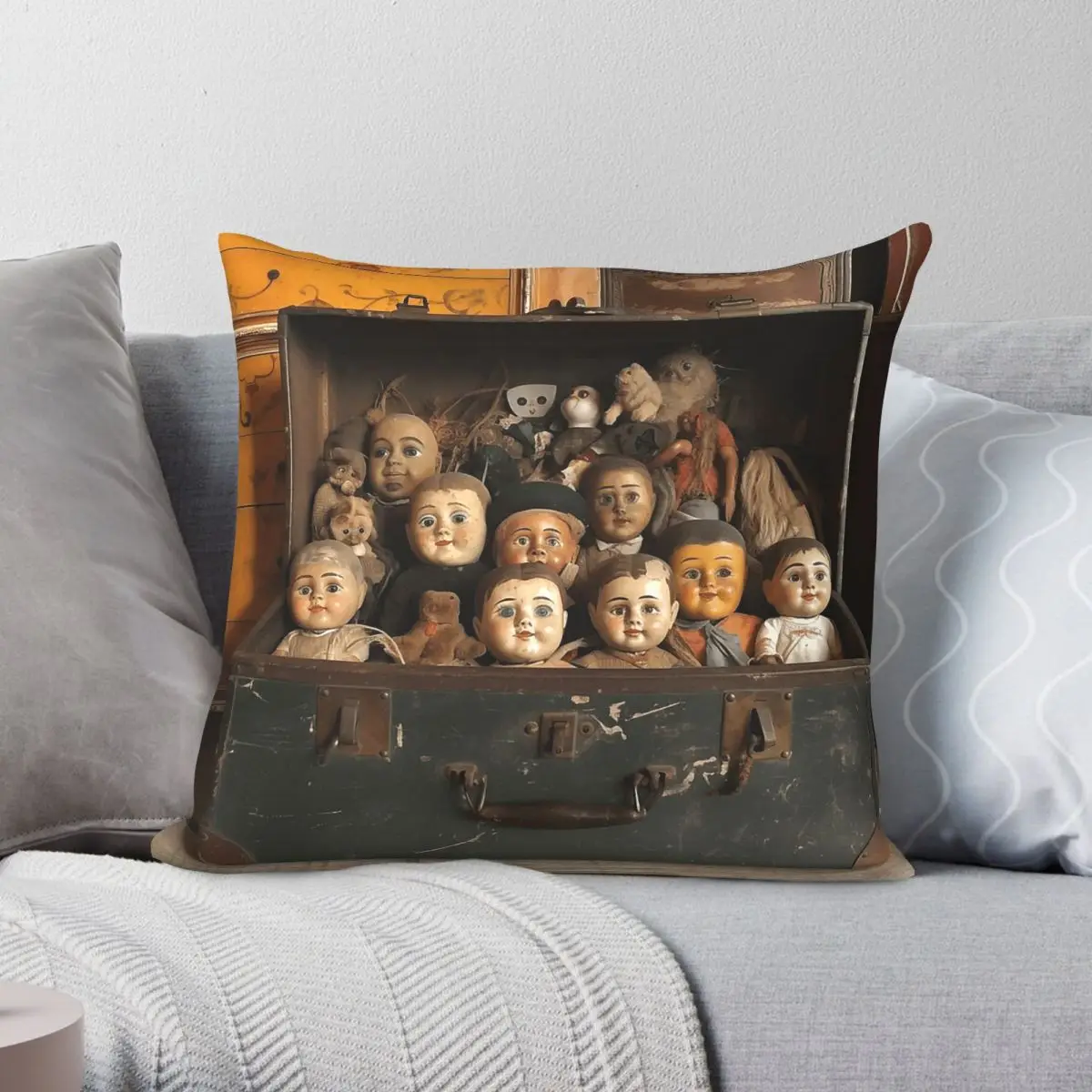 China Doll Porcelain Square Pillowcase Polyester Linen Velvet Pattern Zip Decor Home Cushion Cover