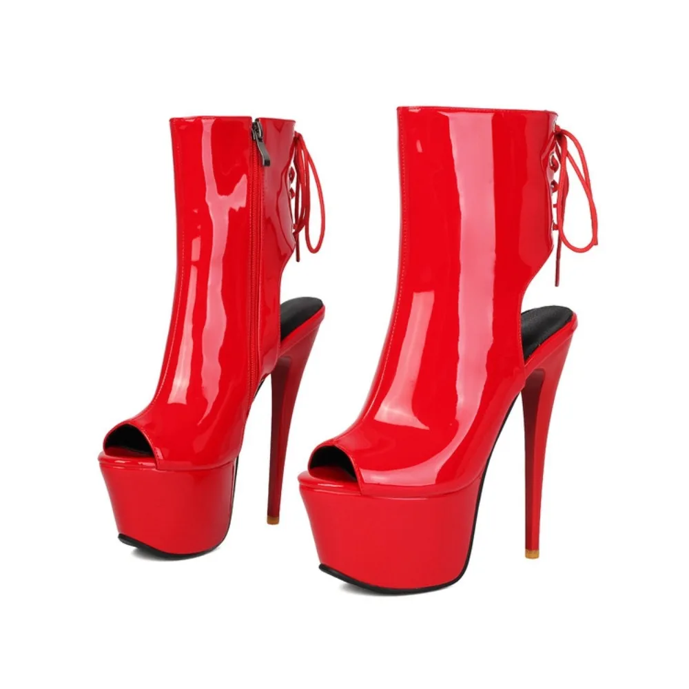 

Plus Size 34-47 Peep Toe Platform Heeled Boots Women Patent Leather Side Zipper Back Lace Up 5 Colors 1832