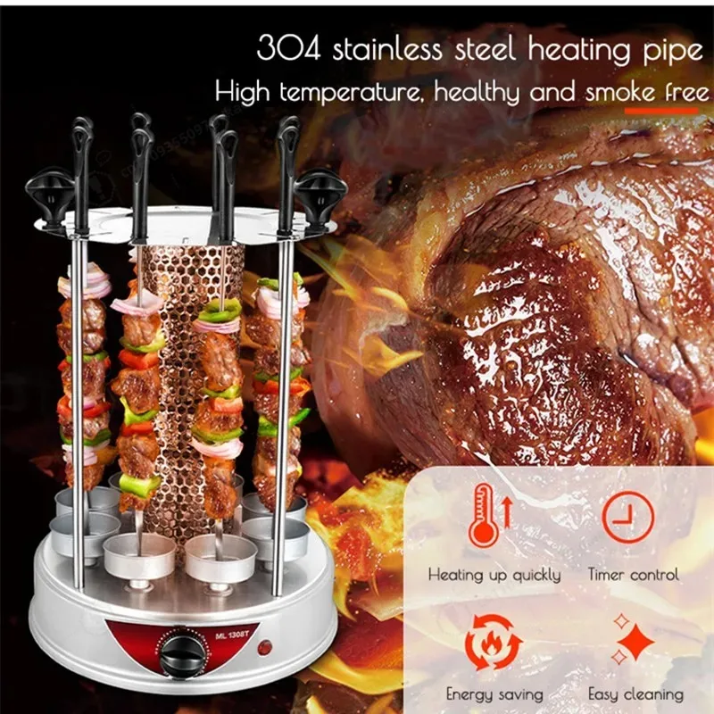 Electric BBQ Grill 6/8/10 Sticks Automatic Revolving Vertical Grill Timing Barbecue Tools Smokeless Mutton BBQ Skewers Machine