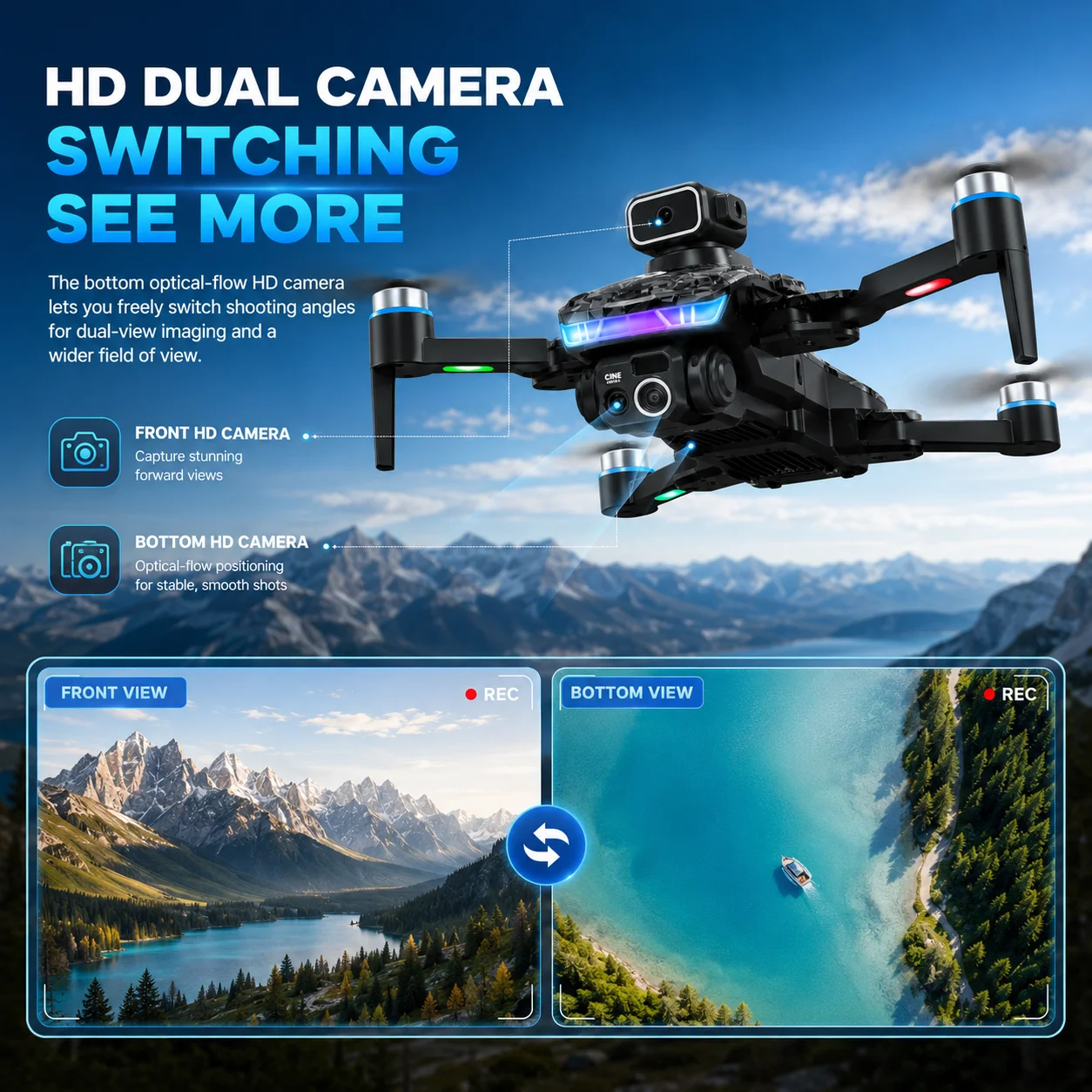 Foldable Brushless Drone With Built-In Screen Remote Four Way Obstacle Avoidance Dual HD Camera Optical Flow Hover 50X Digital Zoom