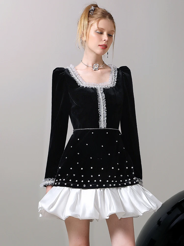 Elegant Lady of Note Contract Color Velvet Dress Women's 2024 Spring New Retro Young Temperament Rhinestone Black Dresses