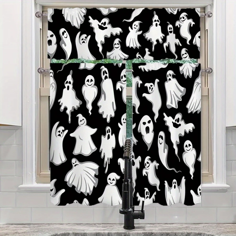  Black White Ghost Halloween Kitchen Curtains, Spooky Cartoon Phantom Pattern Cute Scary Style for Halloween Home Decor