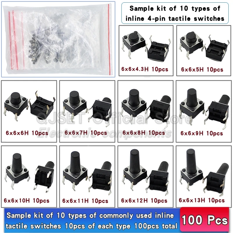 70/100 stücke 6*6 Schalter Taktile Druckschalter Kit Höhe: 4,3 5-13 MM DIP 4pin SMD Micro Schalter 6x6 Druckschalter Für Arduino – Detail 3