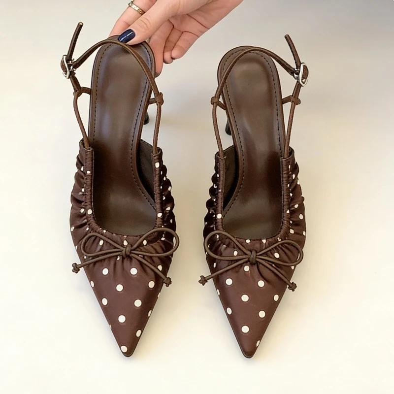 

Satin Polka Dot Bow Women's Sandals Summer 2026 Designer Banquet Party Shoes Brown Sexy Slingback Pointed Toe Pumps Women Heels