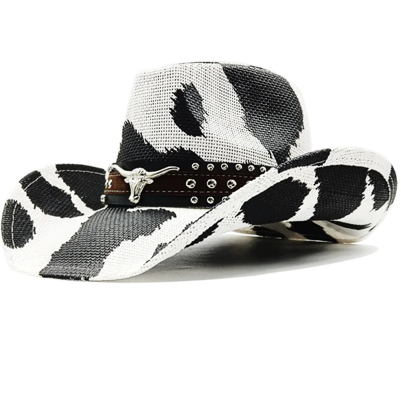 Cow pattern cowboy straw hat 2025 new animal pattern handmade beach sun hat gentleman adult cowboy hat sombrero vaquero