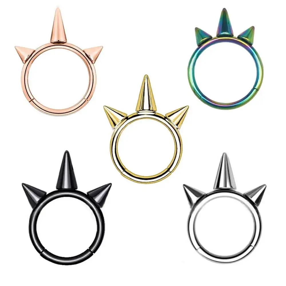 Punk Men Surgical Steel Spiked Septum Ring Nostril Piercing  Nose Clicker Segment Hinged Nose Rings Hoop 16G Cartilage Earrings