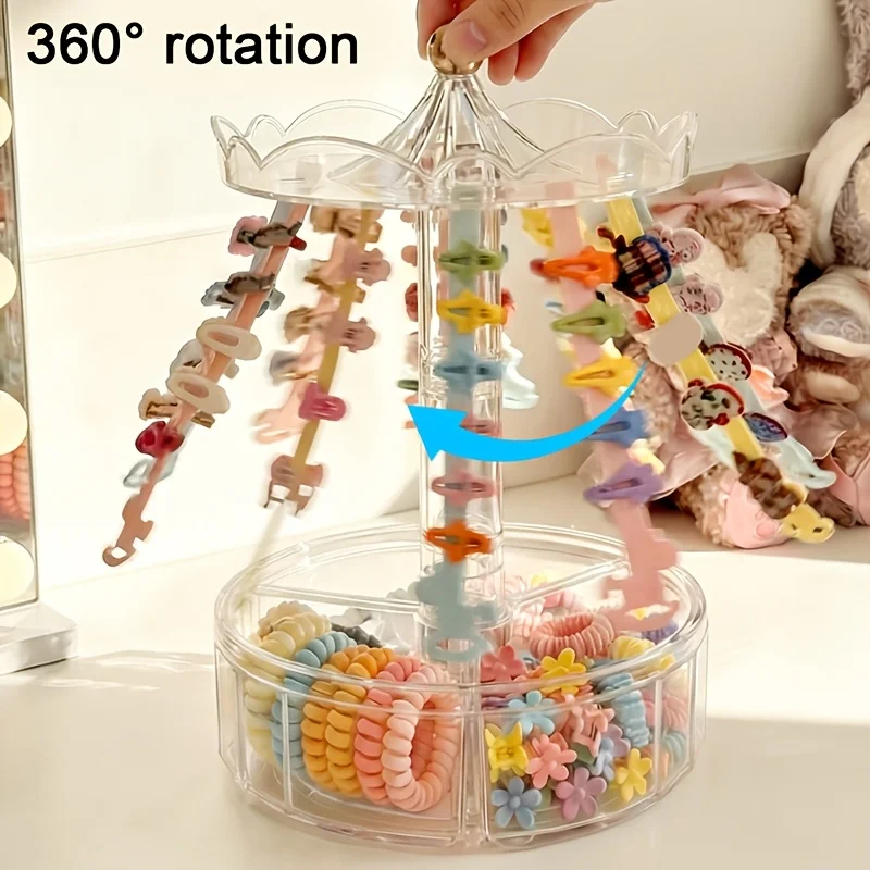 1Pc Hair Accessory Storage Box, 360° Rotating Clear Organizer w/ Anti-Slip, Large Capacity for Hair Ties, Clips, Bands & Jewelry
