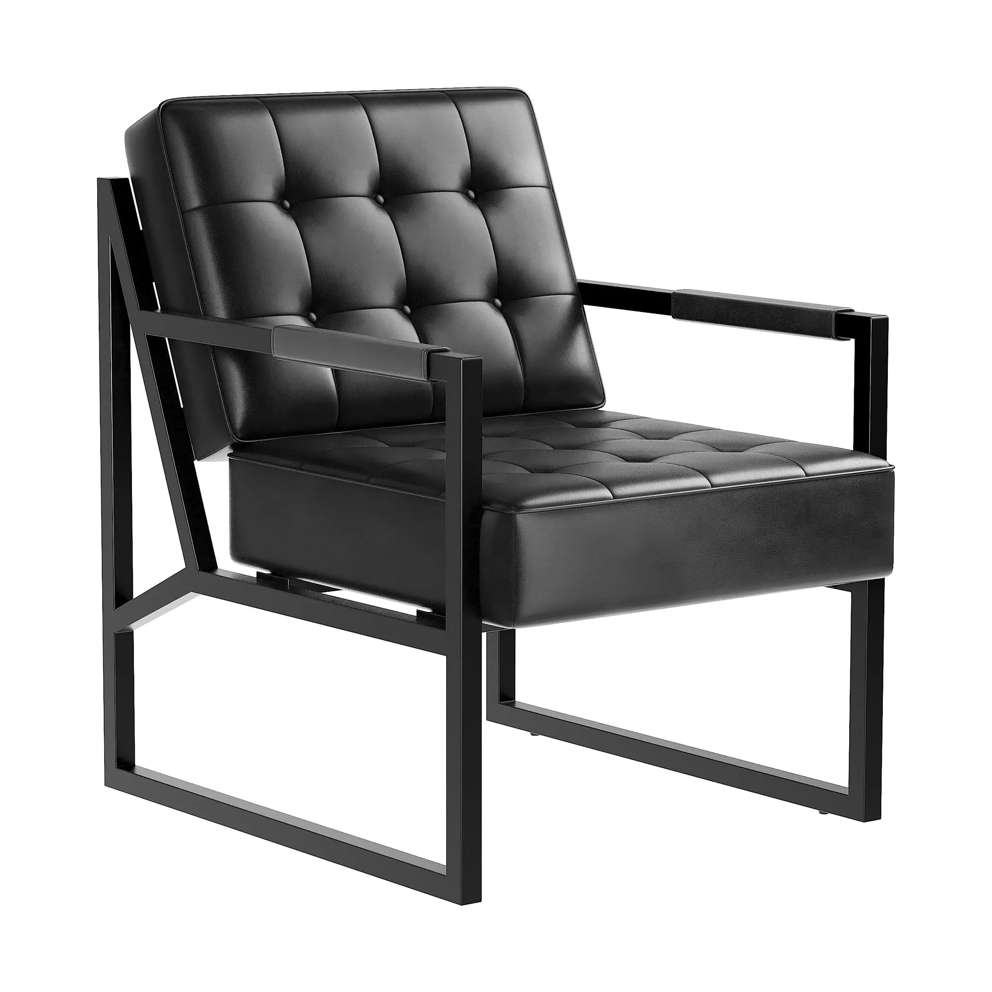 Mid Century Modern PU Leather Accent Chair, Tufted Upholstered Armchair With Thick Cushion Metal Frame For Living Room Bedroom Office