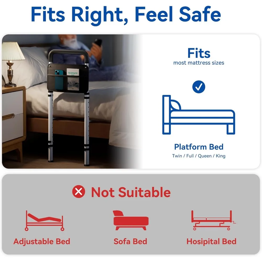 Rail de sécurité de lit réglable pour personnes âgées – Cadre en acier robuste, installation sans outil, convient à toutes les tailles de lit, capacité de 300 lb