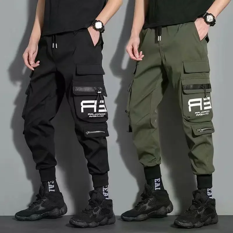 

Thin Casual Pants Men Ribbons Harem Jogging Pants Male Slim Fit Spring Cargo Pants Multi-Pockets Trouser