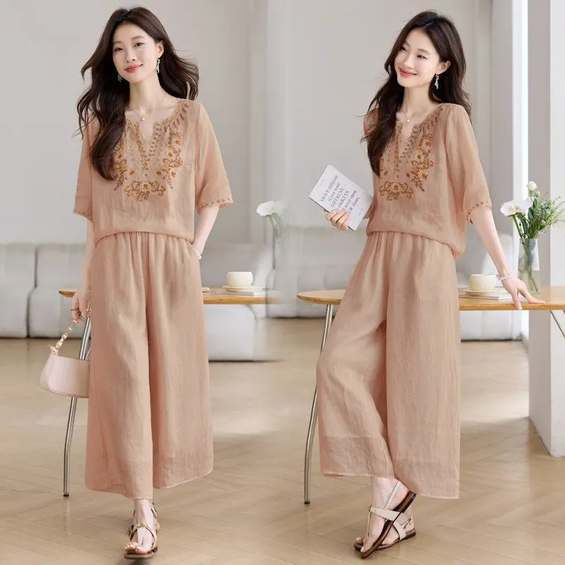 Cotton Linen Embroidery Set For Women Summer Thin V-Neck Tops Wide-leg Pants 2-piece Suits Middle-aged Mother Loose Outfits 4XL