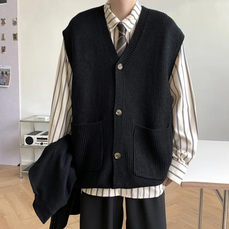 Winter Knitwear Sweater Vest Men Fashion Casual Knit Sweater Cardigan Men Korean Loose Sleeveless Sweater Mens Jumper Clothes