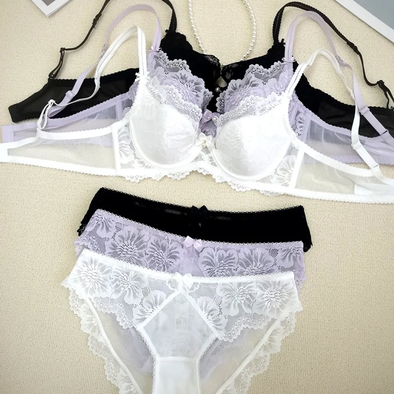 Conjunto de lencería sexy de encaje bordado con flores, sujetador push-up y bragas, estilo francés romántico, color violeta, para mujer, copa fina, para verano.