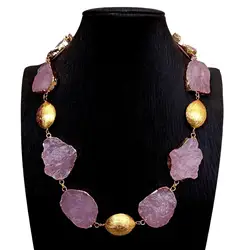 Y.YING Natural Rose Quartz Rough Necklace Gemstone Gold Plated Brushed Raw Necklaces