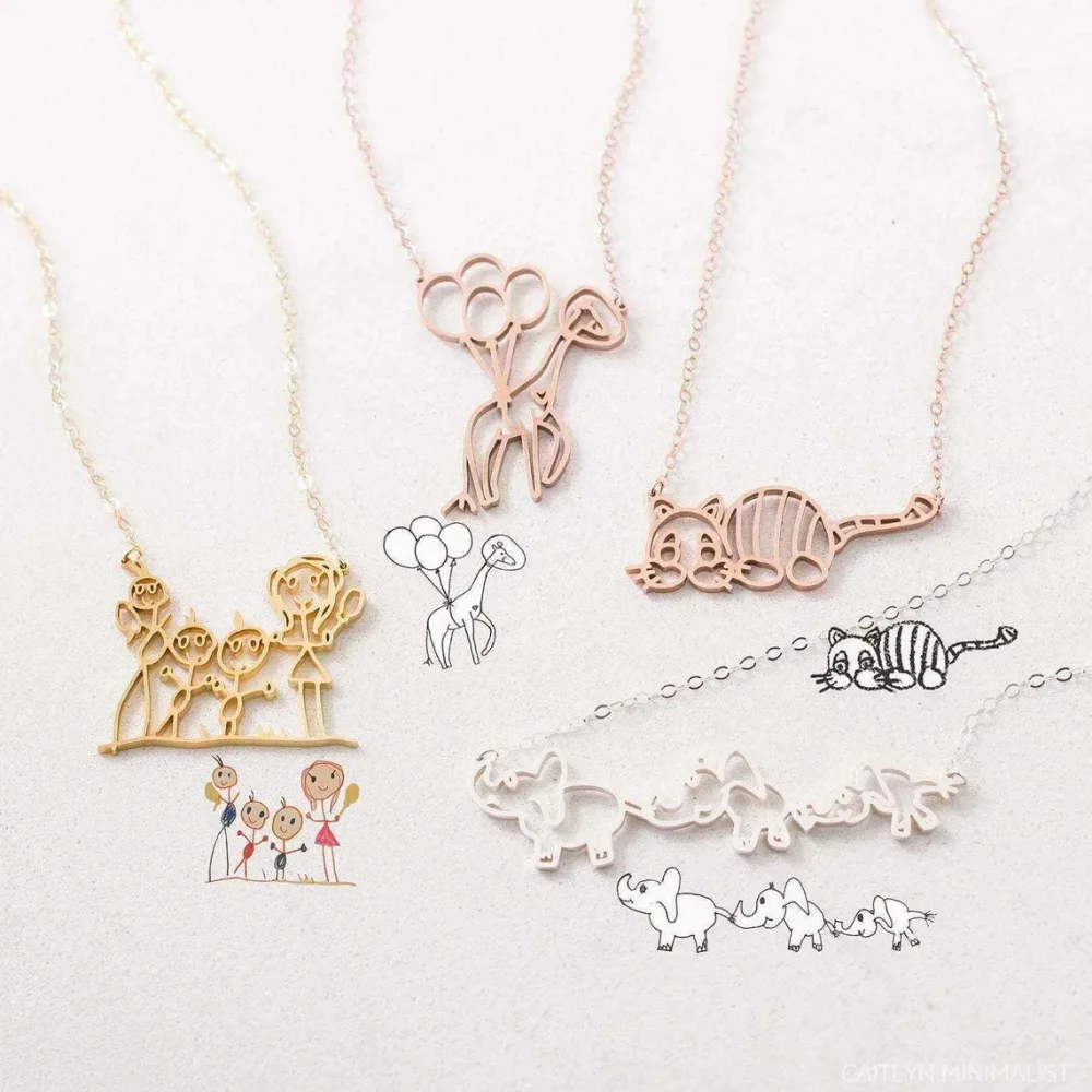 Personalized Custom Children's Drawing Necklace Custom Round Pendant Stainless Steel Necklace Custom Drawing Jewelry Necklace