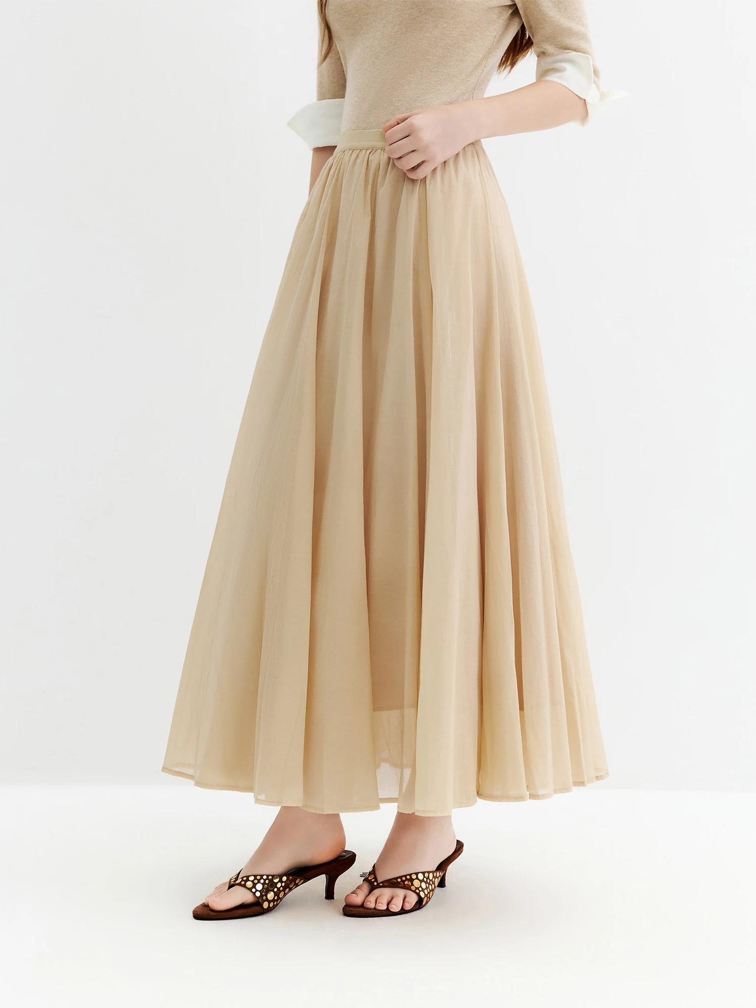 FSLE Elegant High-waisted Slimming Textured Flared Skirt New Autumn 2026 Elastic Waist Midi Ankle-length Skirt Mesh Fairycore