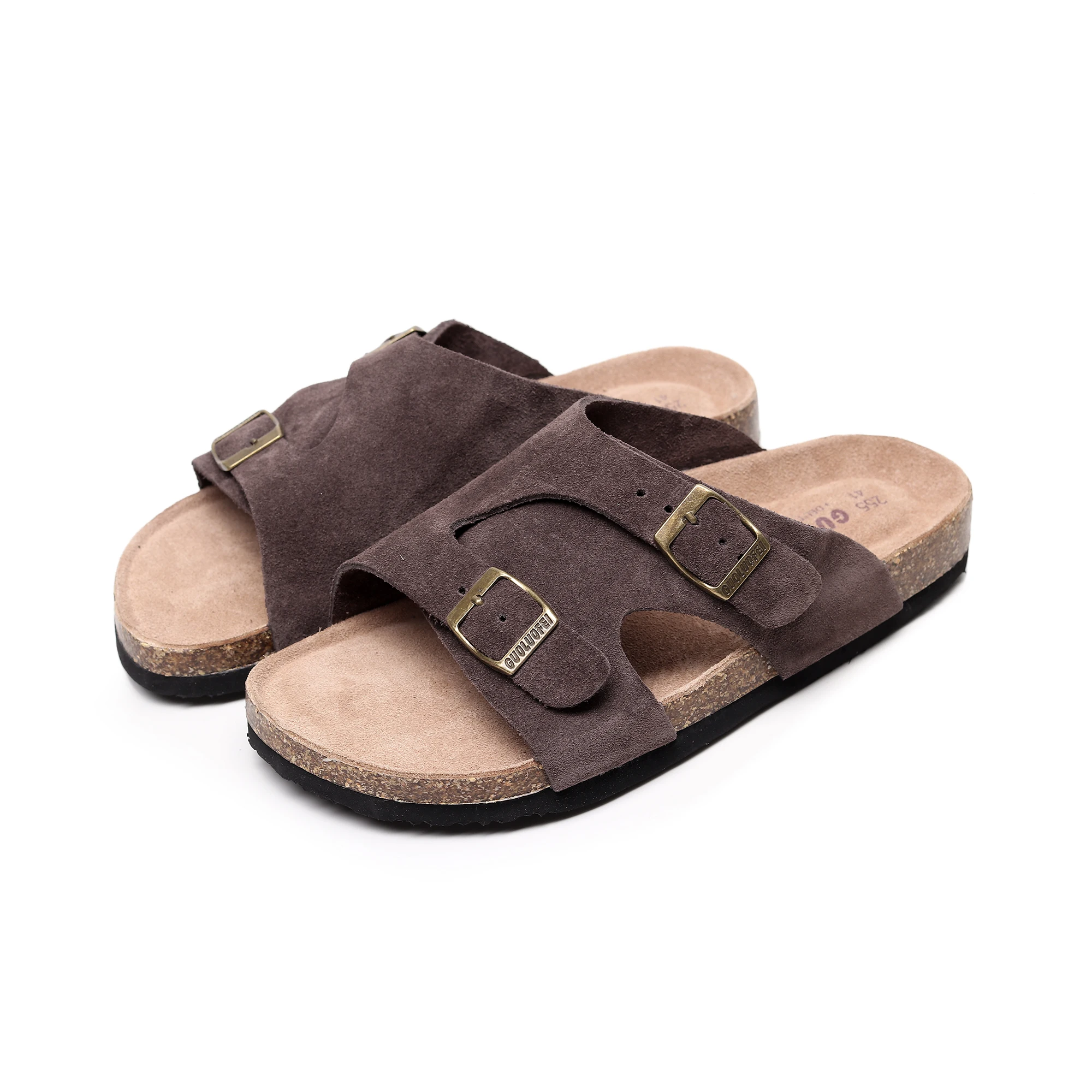 Guoluofei genuine leather man's slippers coffe and beige color big size style shoes