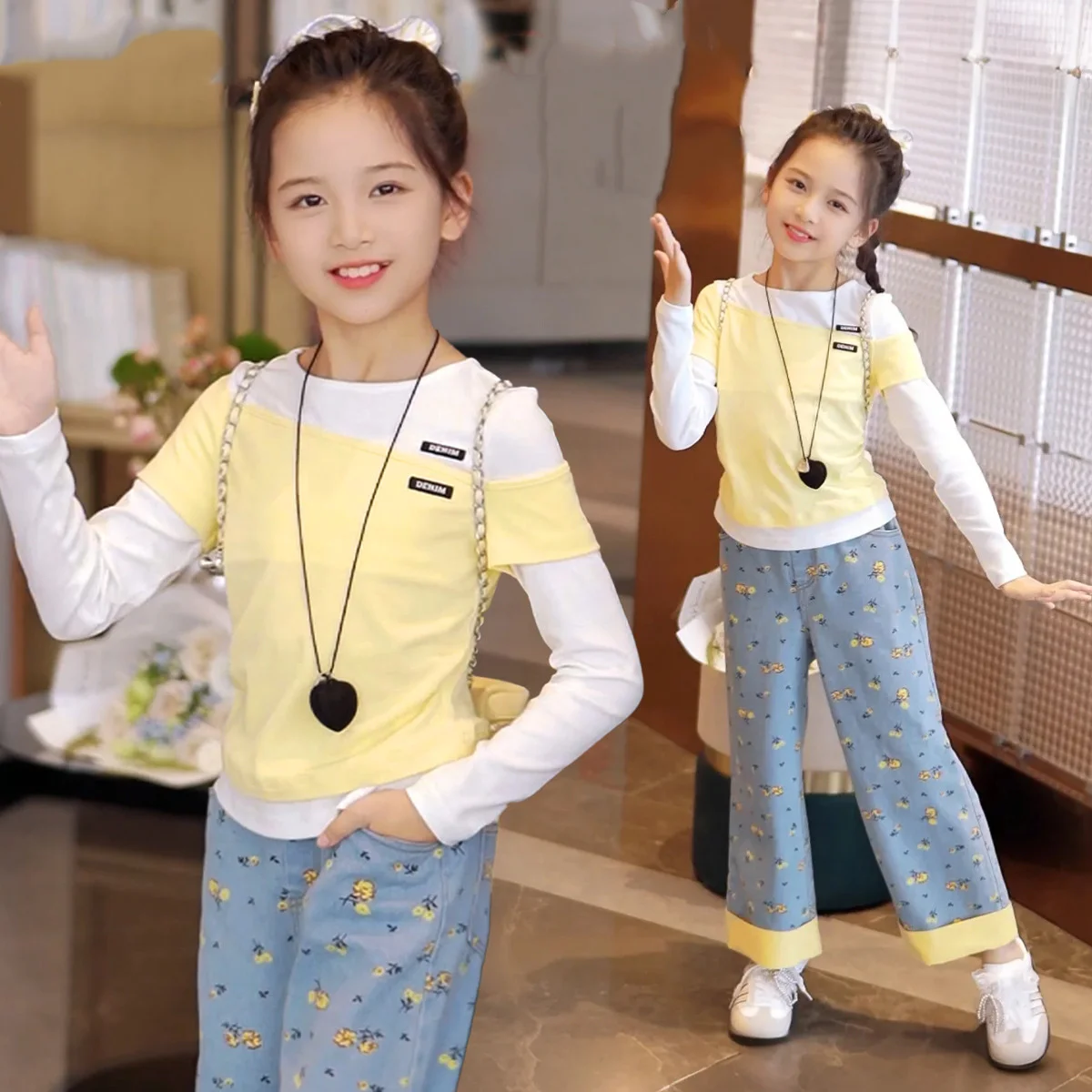 

Autumn Kids Girls Two-piece Sets Round Neck Top+Cartoon Printed Pant Baby Girls Sets Patchwork Long Sleeves Children Girls Sets