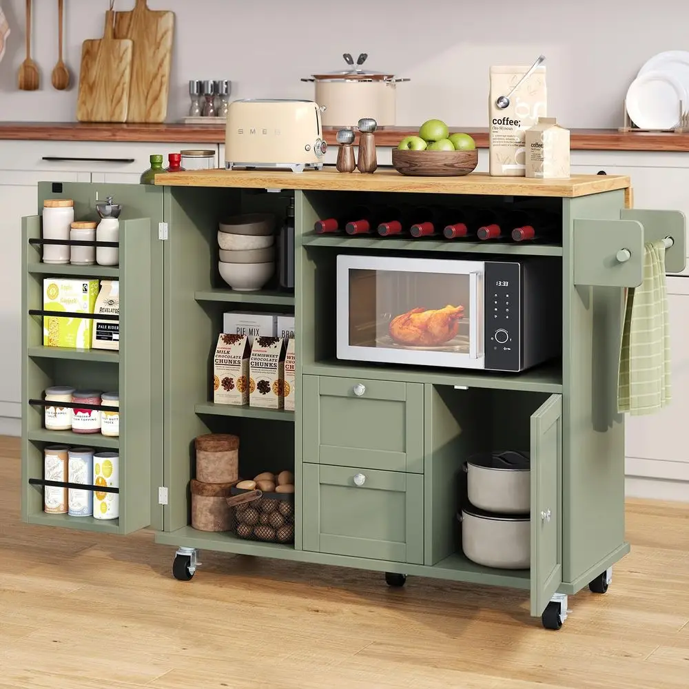 Rolling Kitchen Island with Storage Cabinet, 41.3'' Width Kitchen Cart with Desktop Drop Lea Countertop, Portable Mobile Island