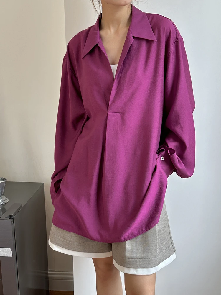 [EAM] Women Purple Perspective Big Size Thin Blouse New V-Neck Long Sleeve Shirt Fashion Tide Spring Autumn 2024 1DH5617