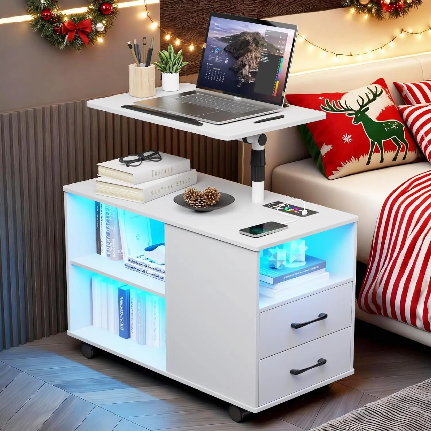 Adjustable Rotary Nightstand with Charging Station, Bedroom Storage Side Table, Customized
