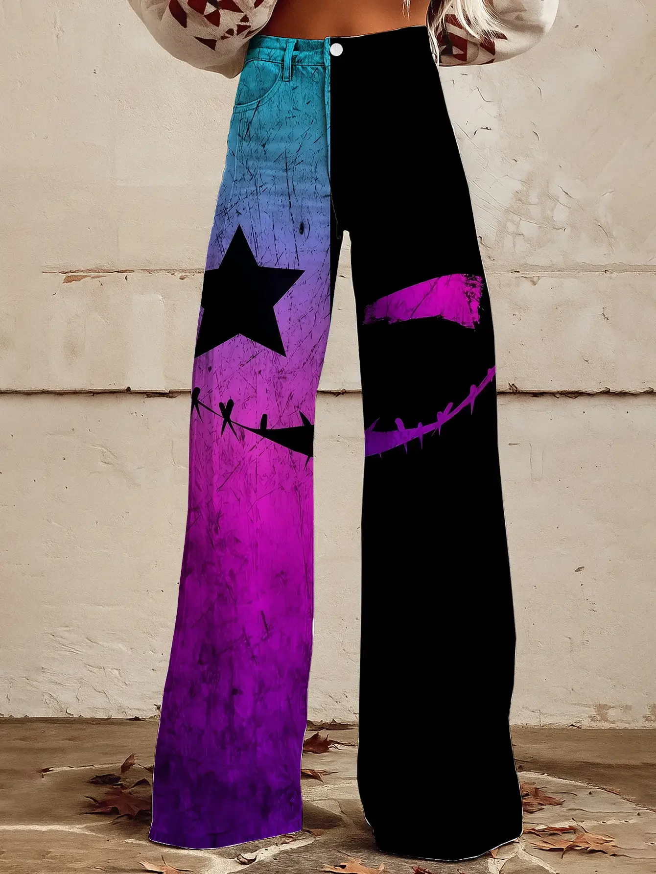 Women's 3D Print Geometric Pattern Wide Leg Denim-Style Jeans - Lightweight Casual Pants,Vintage style suitable for all seasons