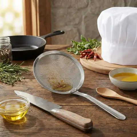 Kitchen Essential Stainless Steel Oil Skimming Ladle - Fine Mesh Strainer with Long Handle, Efficiently Removes Oil Residue
