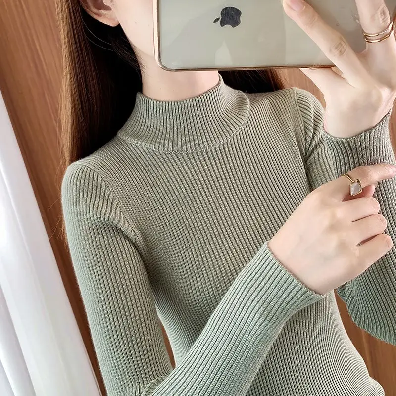 Women\'s Clothing Solid Color Pullover Long Sleeve Autumn Winter Turtleneck Screw Thread Sweater Knitted Elegant Fashionable Top