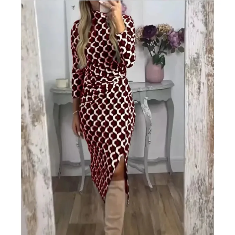 Primavera outono casual feminino em torno do pescoço vestido de manga longa vintage patern impresso dividir vestidos finos elegante escritório senhora vestido