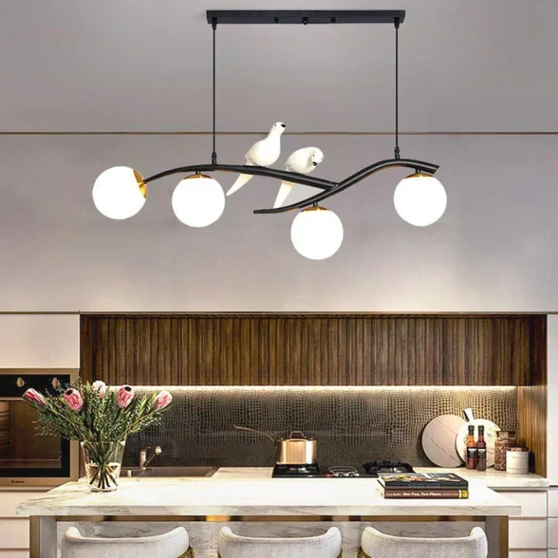 LED Dining Table Bar Chandelier Black Gold Horizontal Iron Rod With Bird Glass Ball Hanging Lamp Kitchen Island Light