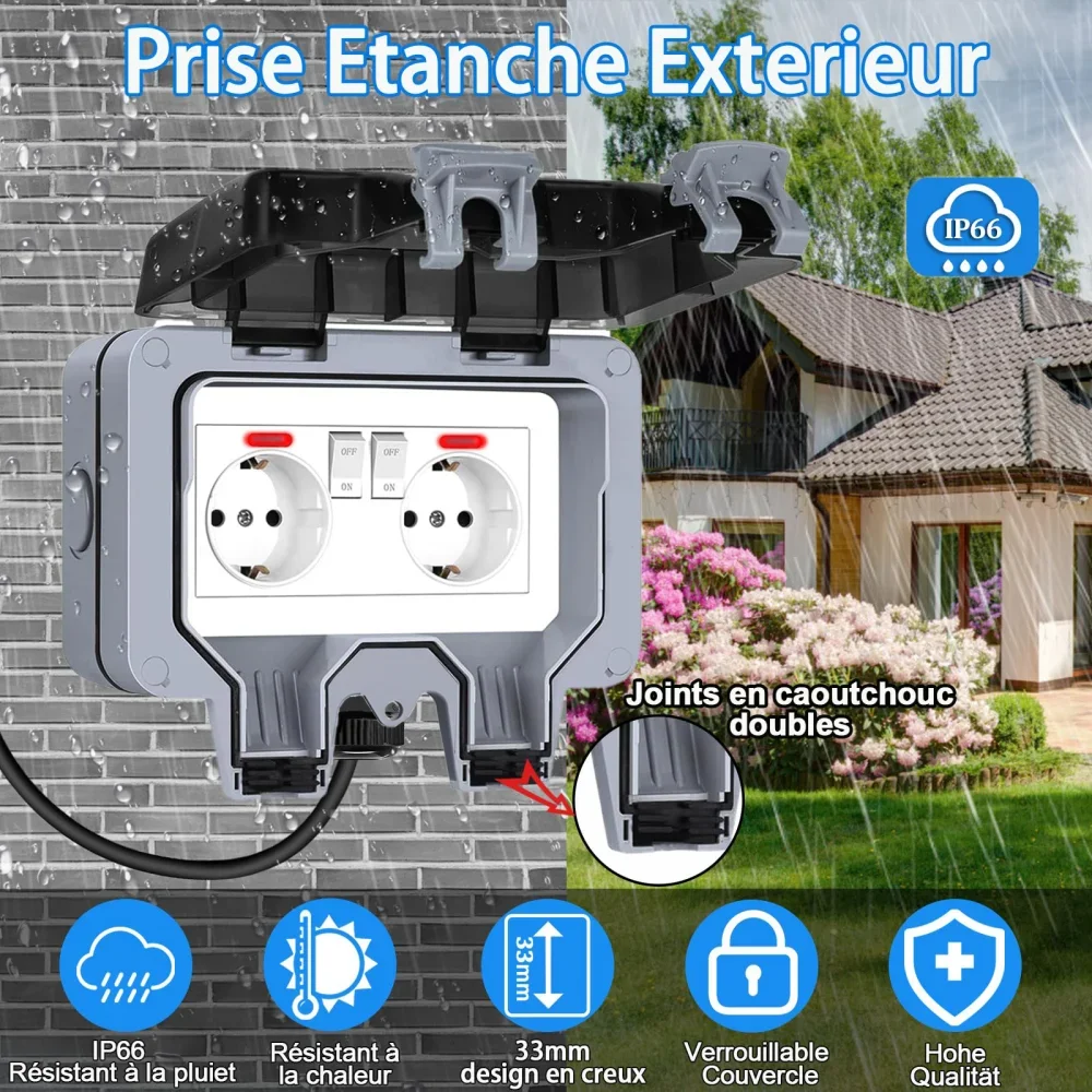 European-Style Outdoor Socket with Switch Indicator Light, IP66 Rated Surface-Mounted Suitable for Rooms Bathrooms Garden Socket