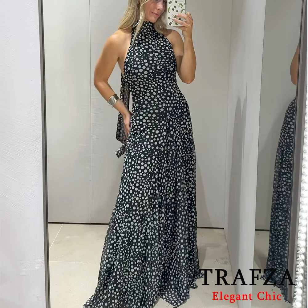 

TRAFZA-Women Elegant Polka Dot Halter Dress Backless Long Dress New 2025 Spring Summer Fashion Date Party Dinner Mujer Dress